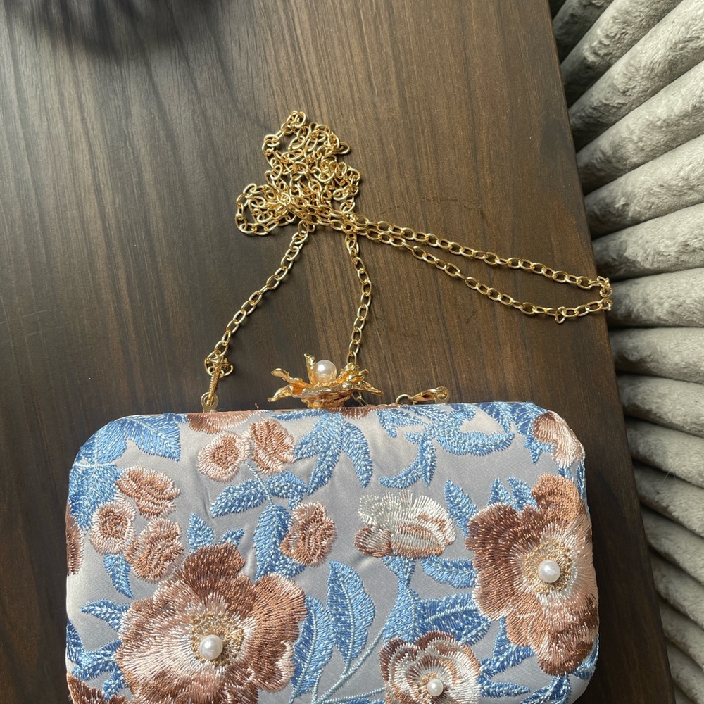 Floral Embroidered Clutch with Gold Chain